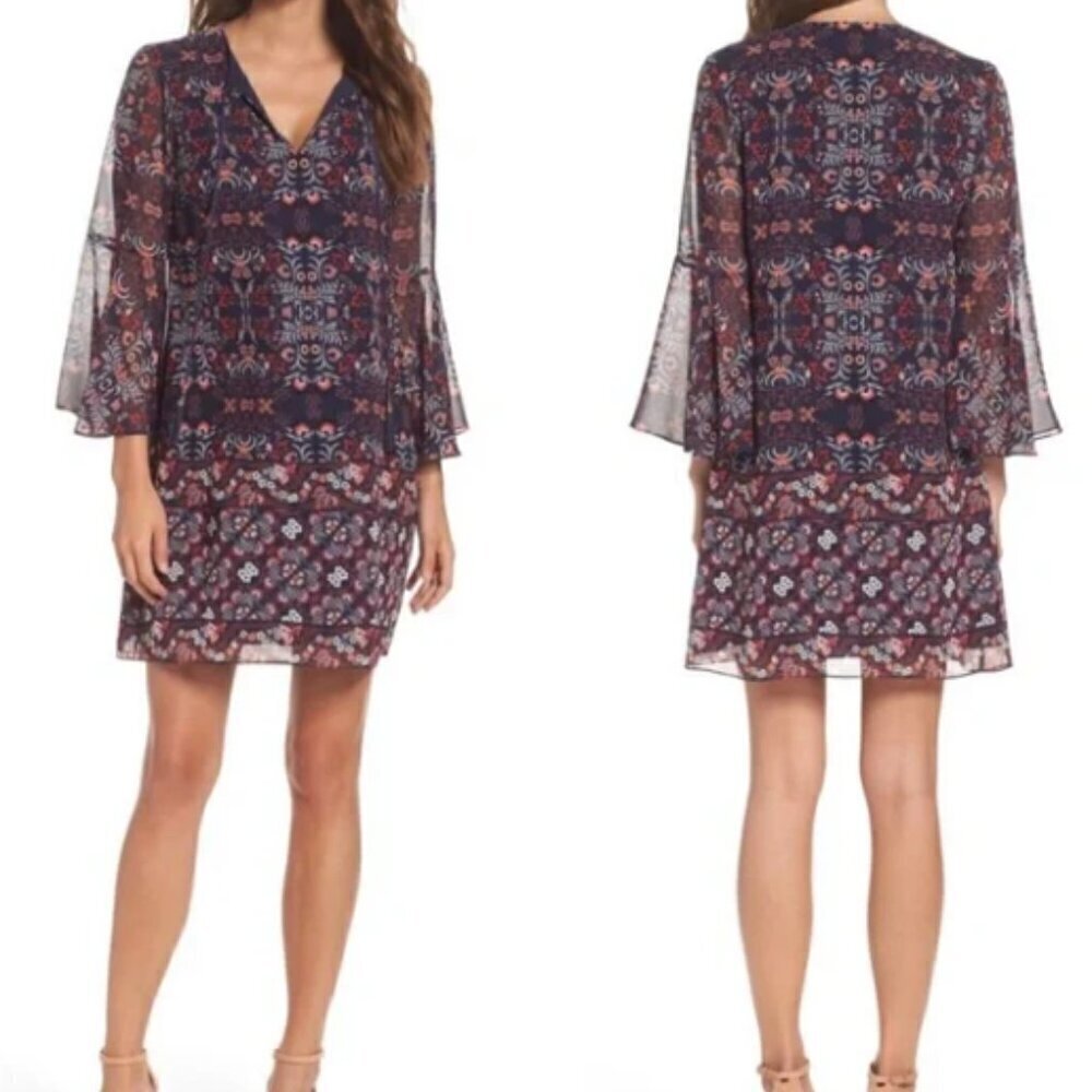 Vince Camuto Bohemian Paisley Blue Chiffon Bell Sleeve Shift Dress Size 4